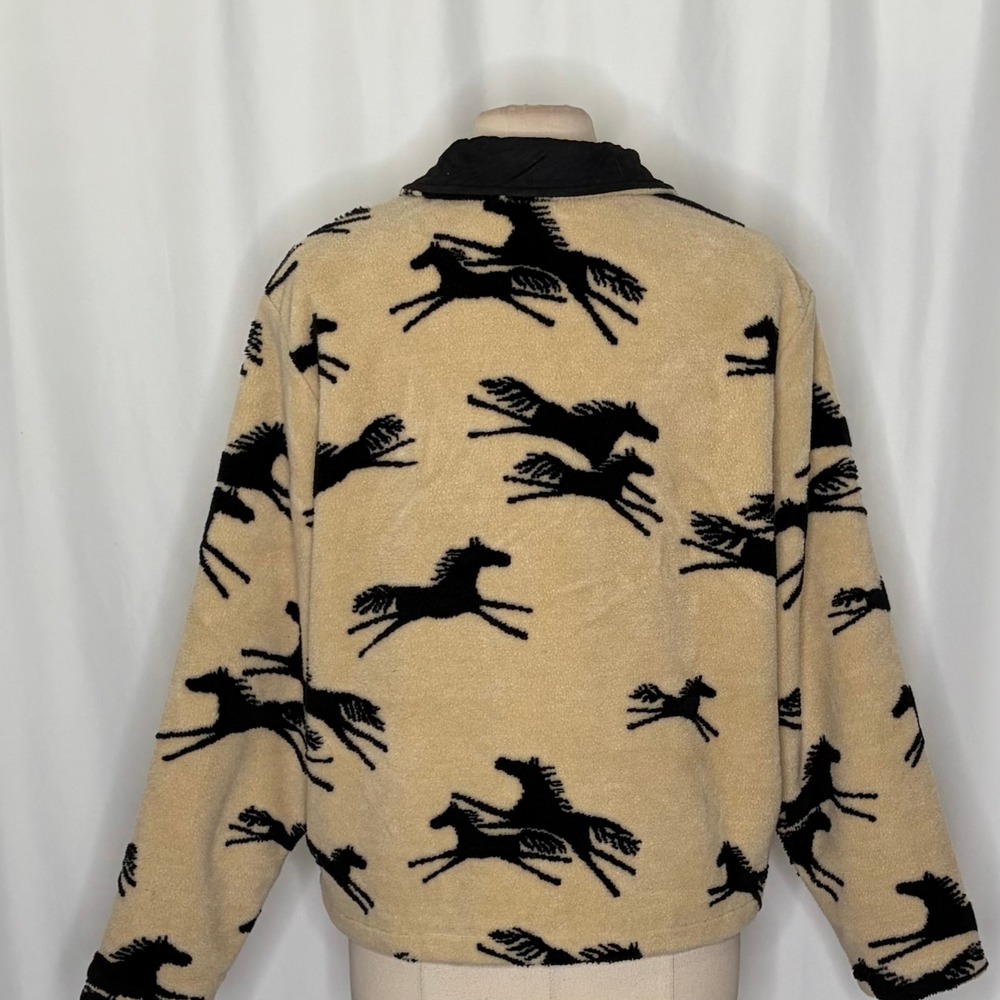 TSUNAMI Equestrian Horse Print Fleece Jacket Faux Suede Trim Buttons Large - Picture 10 of 13